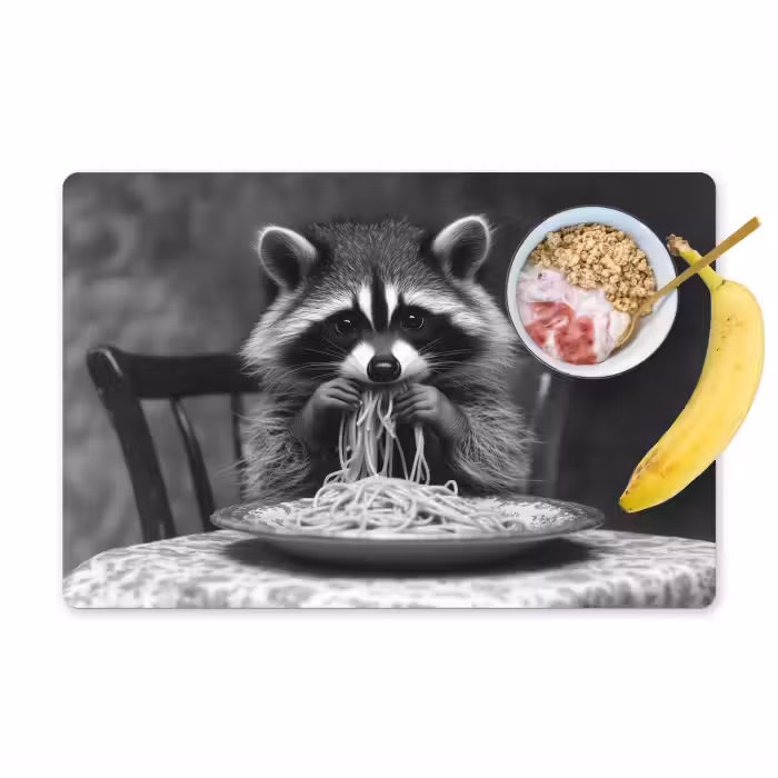 Placemat vinyl - Wasbeer - Cute - Pasta - Tafelkleed - Zwart - Wit