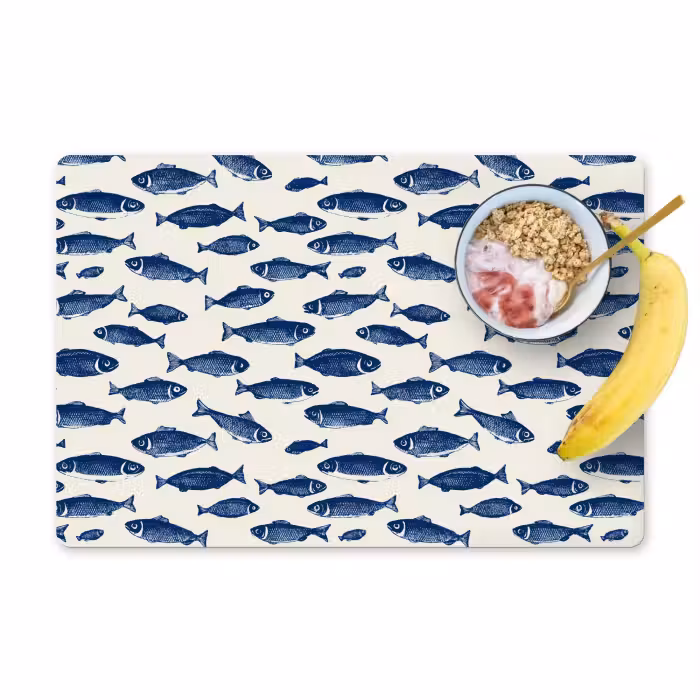 Placemat - 6 stuks - Vissen - Patroon - Blauw - Wit