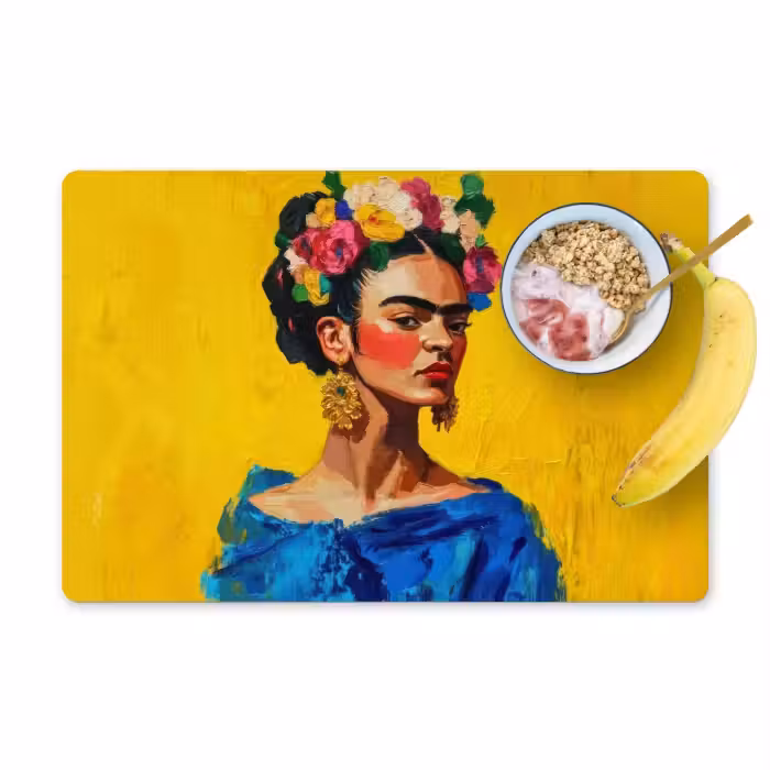Placemat vinyl - Frida Kahlo - Vrouw - Geel - Blauw - Bloemen