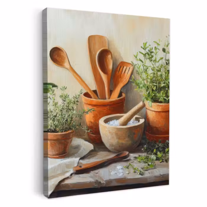 Canvas schilderij - Potten - Kruiden - Hout