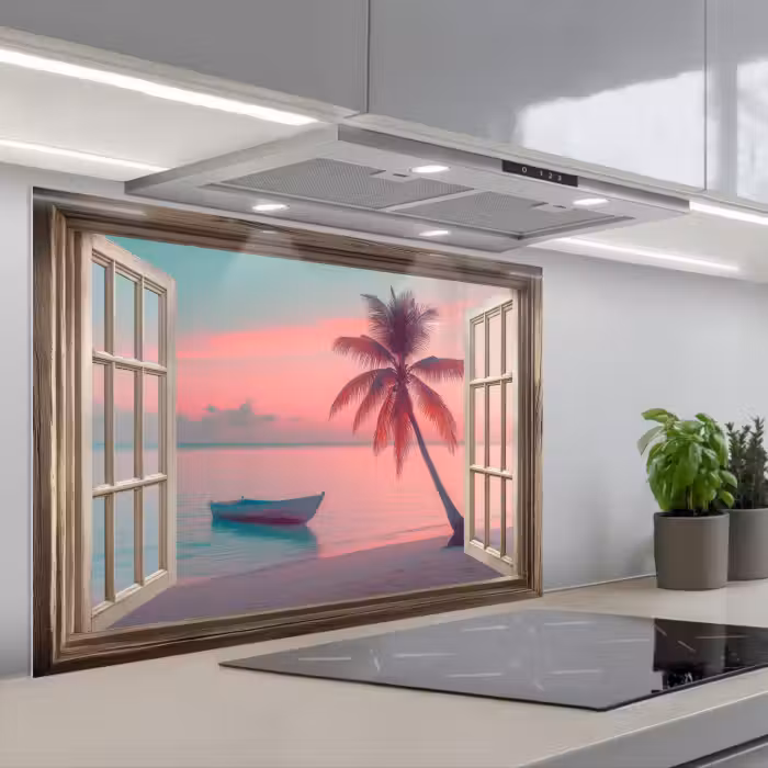 Spatscherm keuken - Doorkijk - Strand - Palmboom - Tropisch