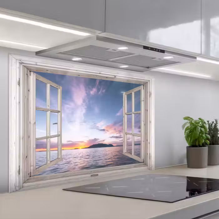 Spatscherm keuken - Doorkijk - Zee - Eiland
