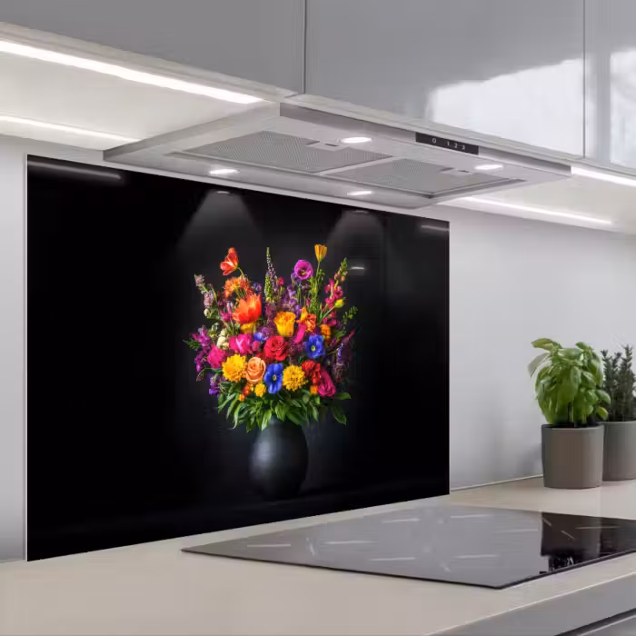 Spatscherm keuken - Felgekleurd - Bloemen - Vaas