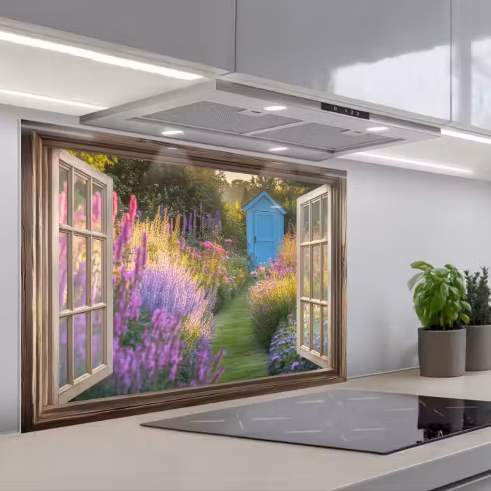 Spatscherm keuken - Doorkijk - Bloemen - Raam - Natuur
