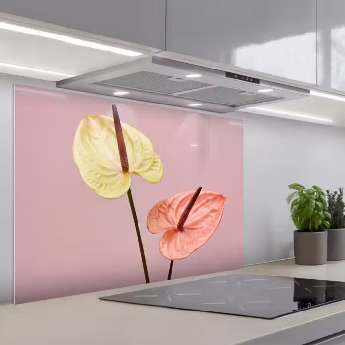 Spatscherm keuken - Bloemen - Anthuriums - Geel - Roze