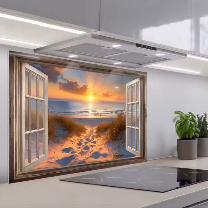 Spatscherm keuken - Doorkijk - Strand - Duinen - Zonsondergang