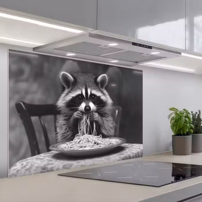 Spatscherm keuken - Wasbeer - Cute - Pasta - Tafelkleed - Zwart - Wit