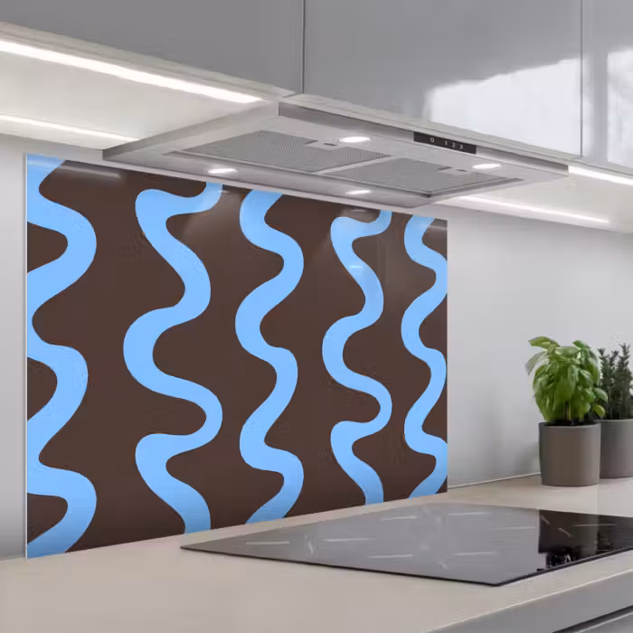 Spatscherm keuken - Kronkelende lijnen - Blauw - Bruin - Minimalistisch