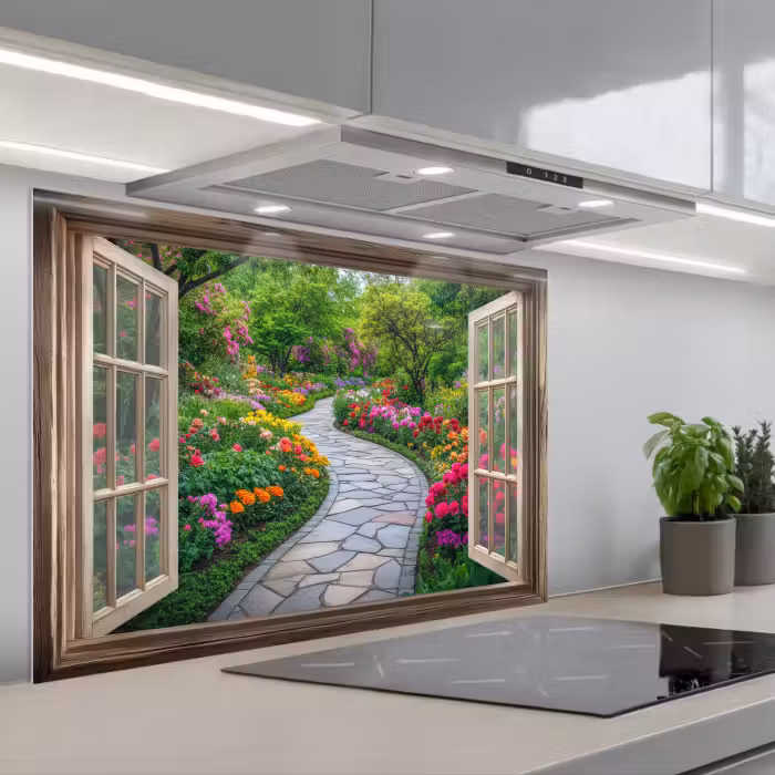 Spatscherm keuken - Doorkijk - Bloemen - Tuinpad - Natuur - Raam