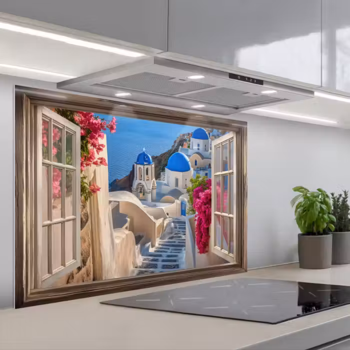 Spatscherm keuken - Doorkijk - Santorini - Landschap - Blauw - Grieks